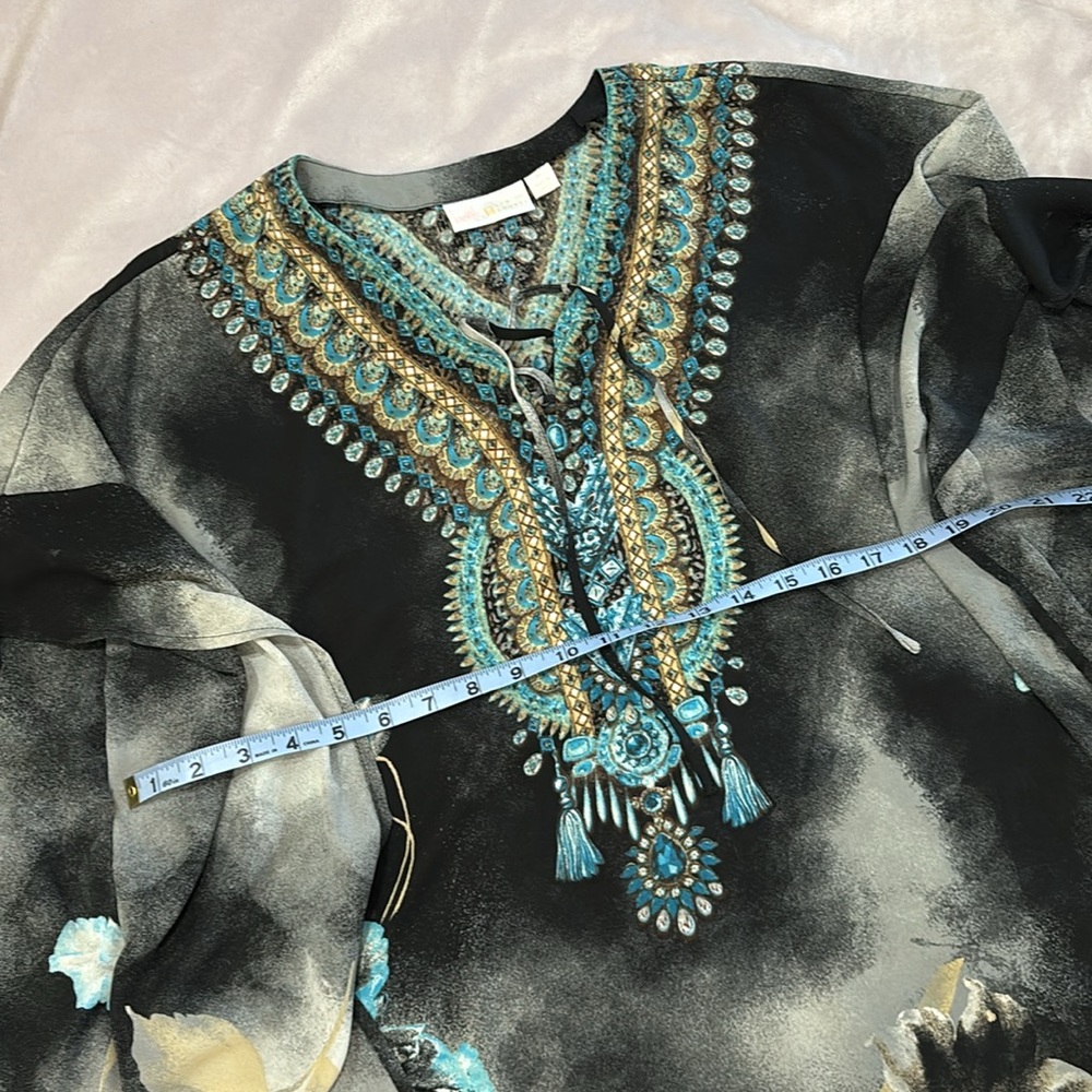 Belle by Kim Gravel Printed V-Neck Lace-Up Poncho ~ Black - Picture 7 of 8